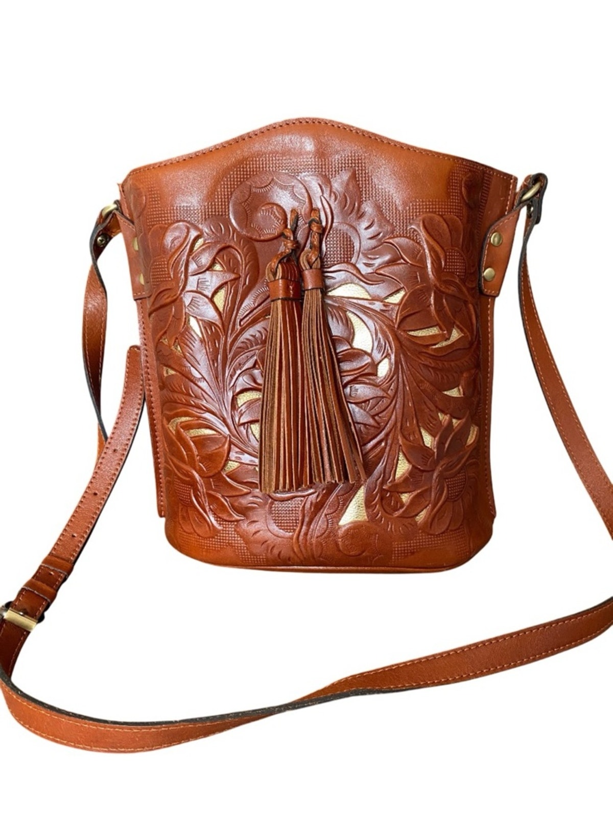 Patricia Nash Accadia Cut Out Tooling Leather Bucket Tassel Fringe Bag Purse